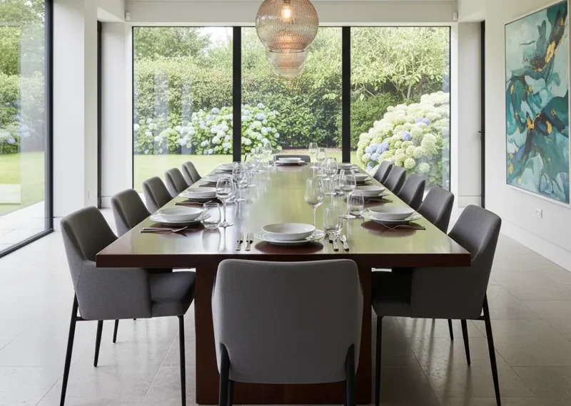 A long, rectangular 100-inch modern wood dining table with a light oak finish, surrounded by ten contemporary dining chairs, set in a bright, spacious dining room.