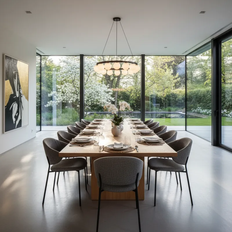 A wide-angle, elegantly staged photograph of a long 110-inch dining table in a spacious, modern dining room. The table is set with minimalist place se