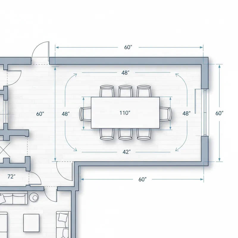 An architectural floor plan rendering showing a large dining room with a 110-inch dining table centrally placed. Clearances around the table are marke