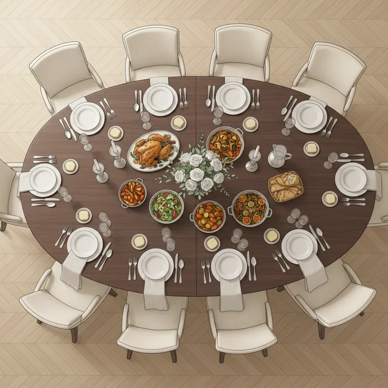 A top-down view of a fully set 110-inch dining table with an optimal number of dining chairs. The chairs are evenly spaced, and there's enough room fo