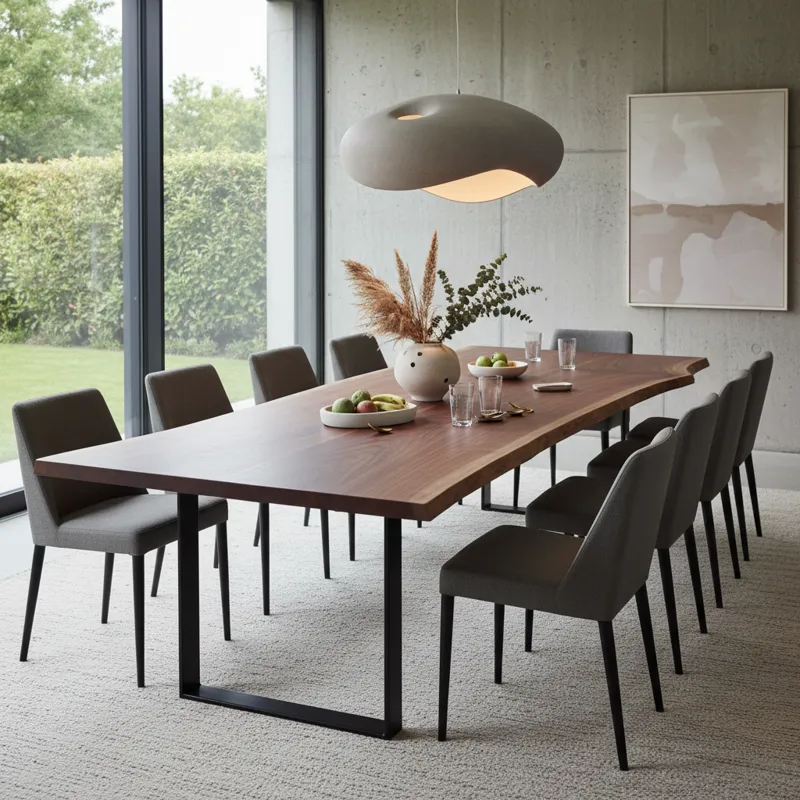 Modern rectangular 110 dining table crafted from solid oak wood, featuring clean lines and sturdy tapered legs, shown with four contemporary dining chairs in a minimalist setting.