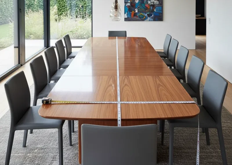 A large rectangular dining room table, elegantly set for twelve people, highlighting the substantial dimensions needed to accommodate this many guests comfortably.