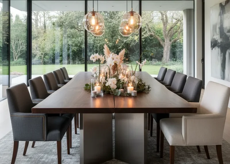 Elegant 14-seat dining table, showcasing a spacious design perfect for large family gatherings and entertaining in a modern dining room.