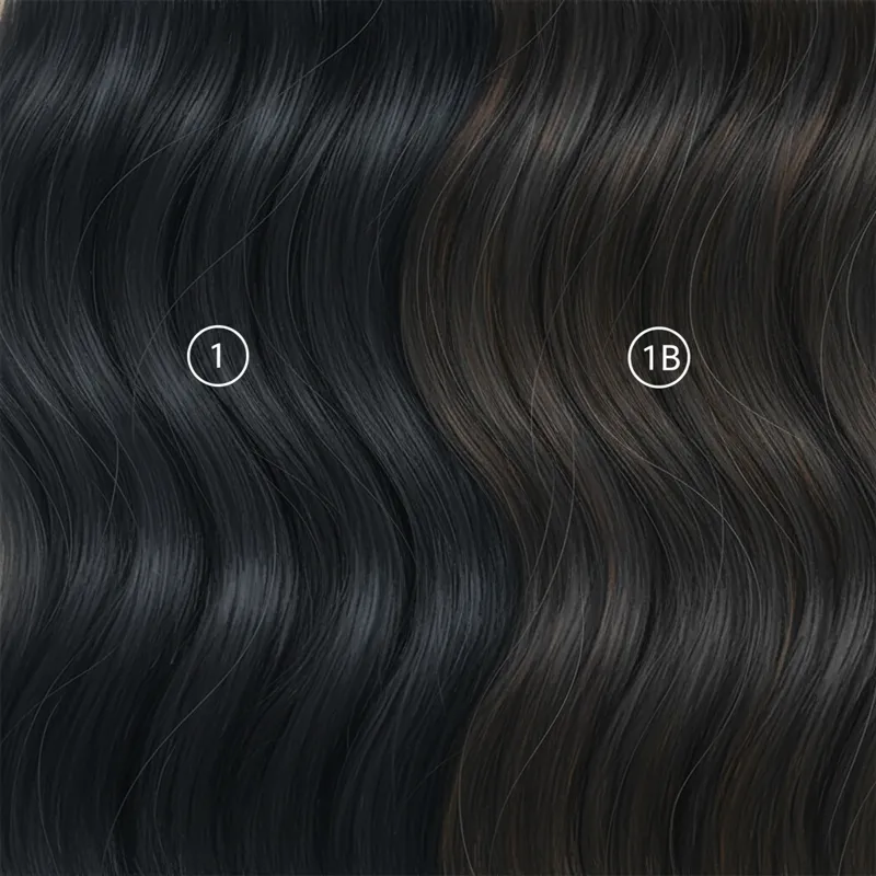 Close-up of hair strands showcasing the subtle difference between natural black (1) and off-black (1B) hair color under bright, diffused light.