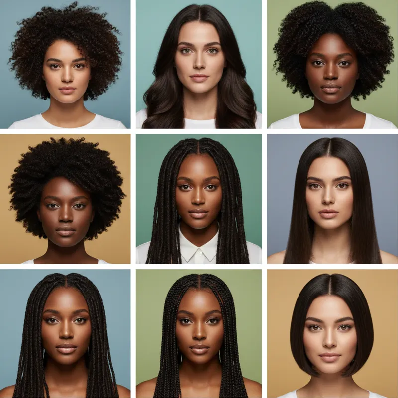Diverse group of people with 1B hair color, demonstrating its versatility across different complexions and hair textures.