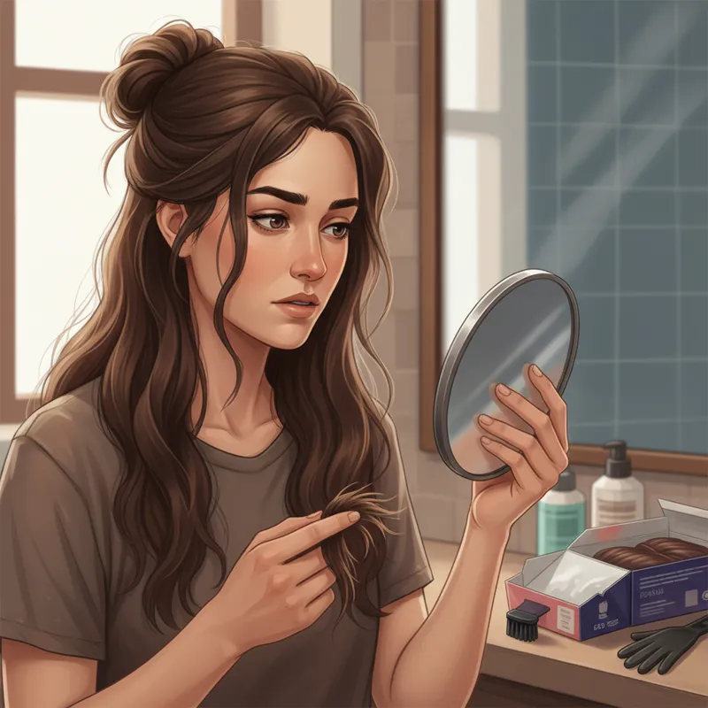 Person examining their hair in a mirror, possibly showing split ends or dry hair, implying preparation is needed before coloring.