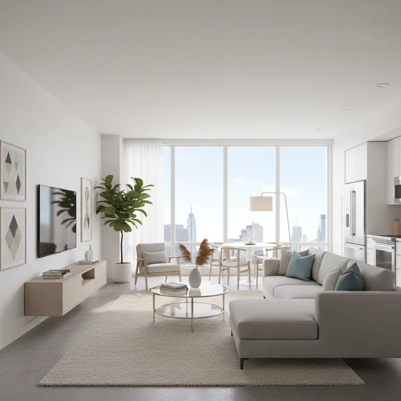 Modern, brightly lit living room of a 2 bed 2 bath apartment with large windows and stylish furniture, showcasing spaciousness.