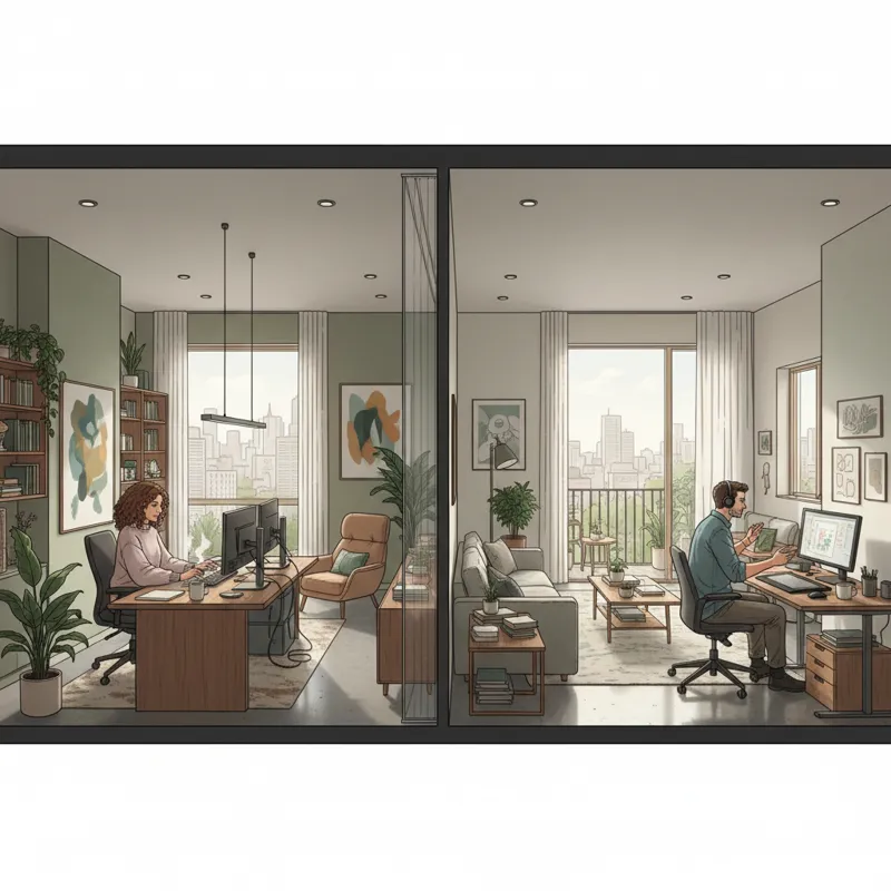 A couple working comfortably from two separate home office setups within a modern 2 bed 2 bath apartment, illustrating productivity and space.