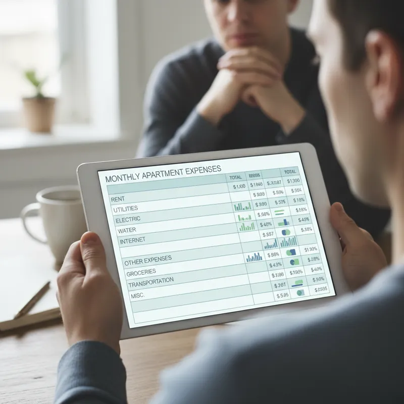 A detailed financial spreadsheet on a tablet, showing rent, utilities, and other monthly expenses for an apartment, with a person reviewing it.