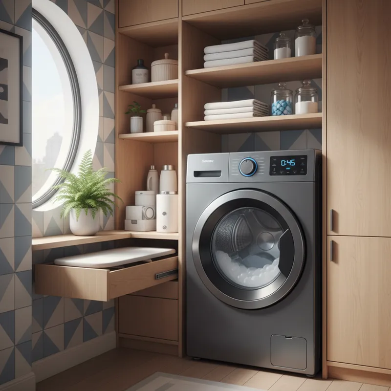 A sleek, modern 2-in-1 washer dryer unit placed in a small, well-designed laundry nook, highlighting its compact size and efficiency.