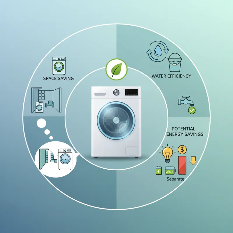 An infographic illustrating the benefits of 2-in-1 washer dryers, such as space saving, water efficiency, and potential energy savings, in a visually