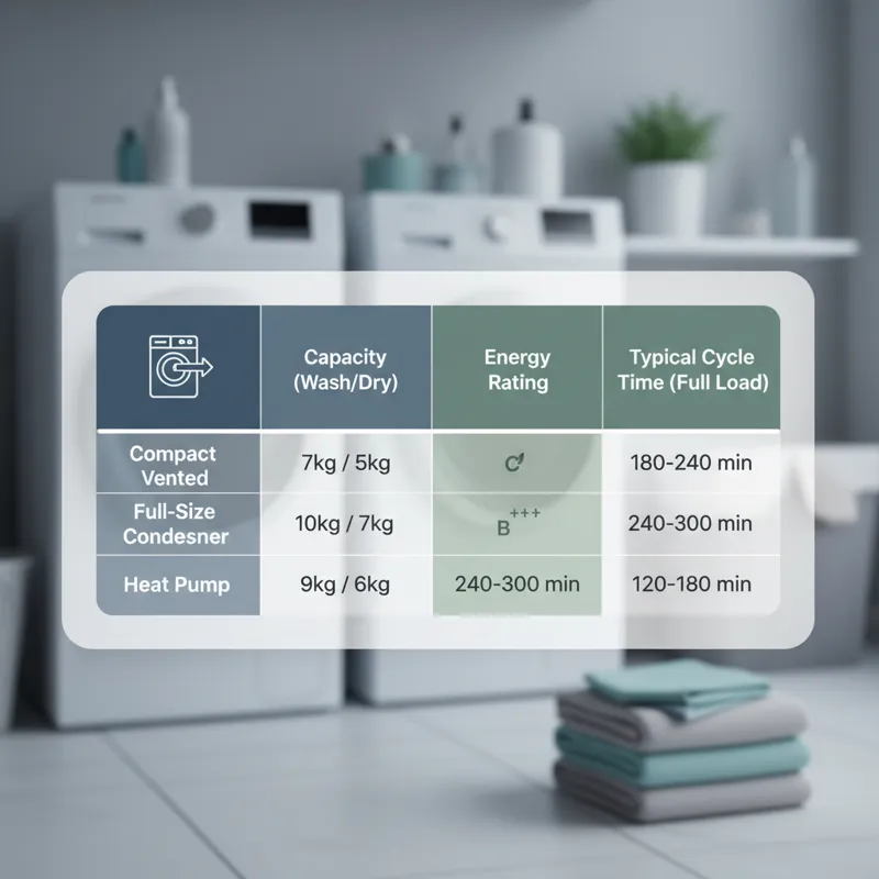 A comparison table or graphic highlighting key specifications like capacity, energy rating, and typical cycle times for different types of 2-in-1 wash