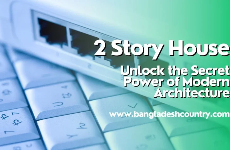 Close-up of a computer keyboard and a network device with text '2 Story House', 'Unlock the Secret Power of Modern Architecture', and 'www.bangladeshcountry.com' on a blue-green gradient background.