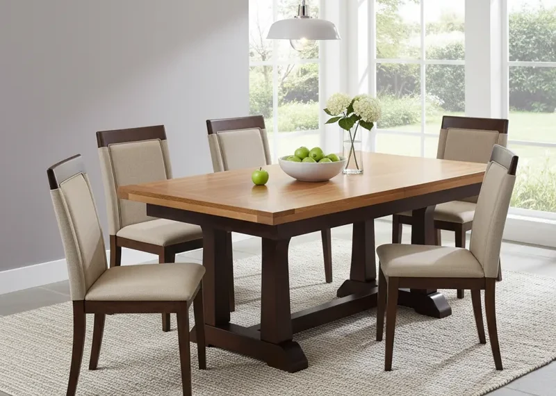 Modern 2 tone dining table featuring a light natural wood tabletop and a contrasting dark, possibly black or charcoal, base, perfect for contemporary dining rooms.