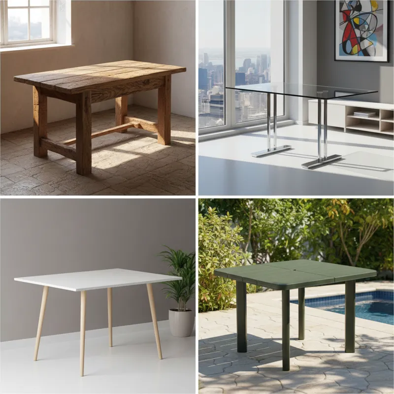 A collage of four images, each showing a 3 feet by 2 feet table made from a different material and in a distinct style: a rustic wooden one, a sleek m