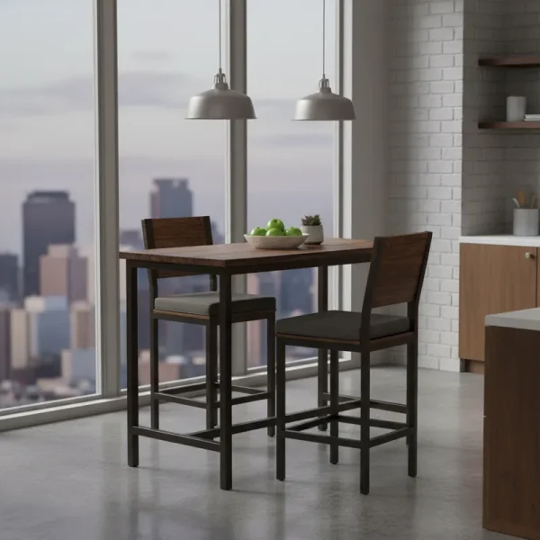Modern 3 piece counter height dining set with a round wooden table and two matching upholstered stools, ideal for small kitchens and casual dining spaces.