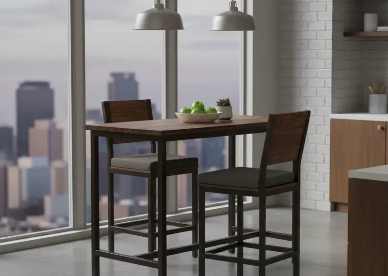 Modern 3 piece counter height dining set with a round wooden table and two matching upholstered stools, ideal for small kitchens and casual dining spaces.