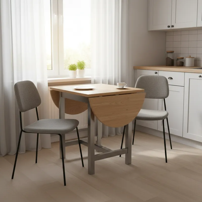 A detailed image of a modern 3 piece dinette set with a drop leaf table, one leaf folded down, showing the compact footprint. Two stylish chairs are t
