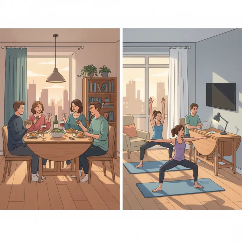 A comparison image showing a drop leaf table in a small apartment. One side shows it fully extended with people dining, the other side shows it with l
