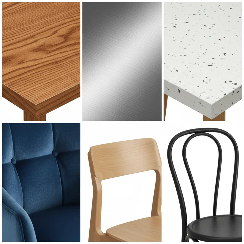 A collage image showing close-ups of different material types for drop leaf tables (wood grain, metal texture, laminate finish) and various chair styl