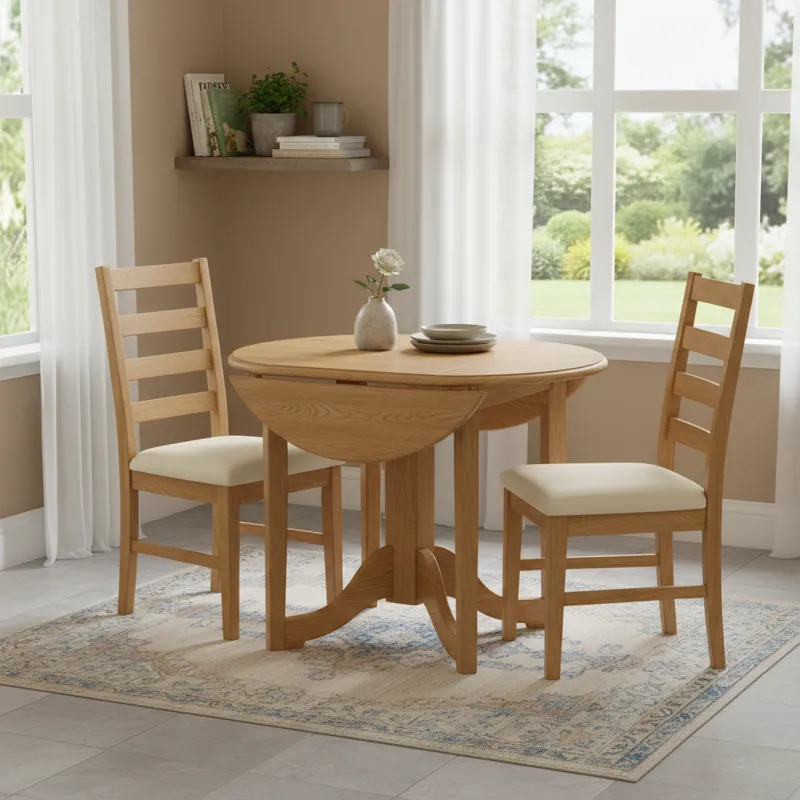 Compact 3-piece dinette set with a drop leaf table and two chairs, ideal for small kitchens or dining nooks.