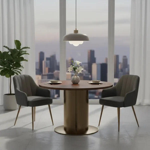 A modern 3 piece dining set featuring a round wooden table with two matching upholstered dining chairs, designed for compact spaces like kitchens or small apartments.