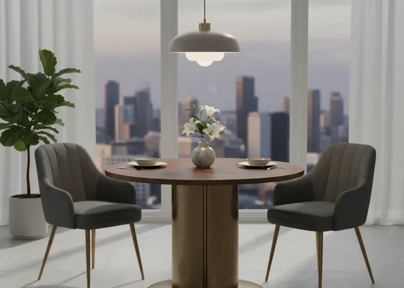 A modern 3 piece dining set featuring a round wooden table with two matching upholstered dining chairs, designed for compact spaces like kitchens or small apartments.