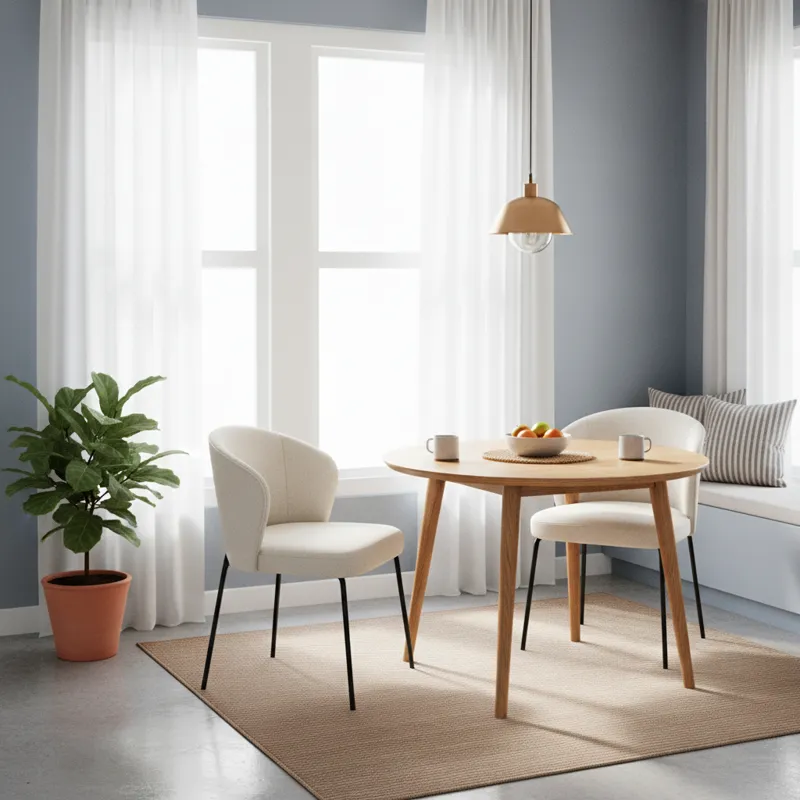 A stylish, compact 30 inch wide dining table set up in a bright, modern small apartment dining nook, showing good clearance around it.