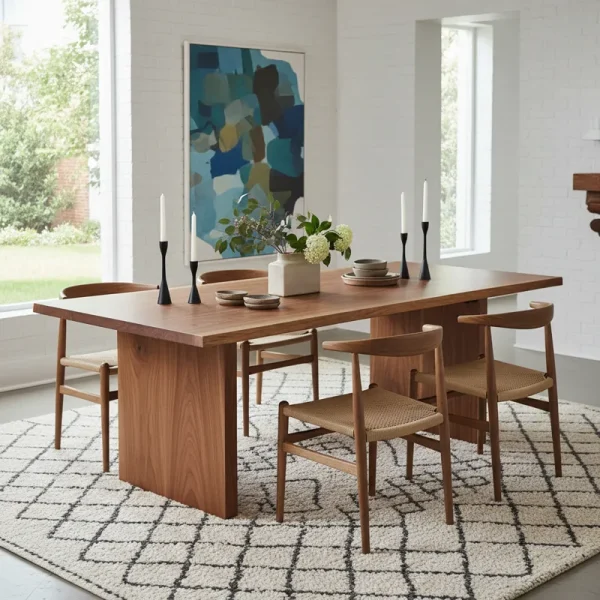 A modern, space-saving 30 inch wide dining table, crafted from light wood and paired with two chairs, ideal for small apartments and compact dining areas.