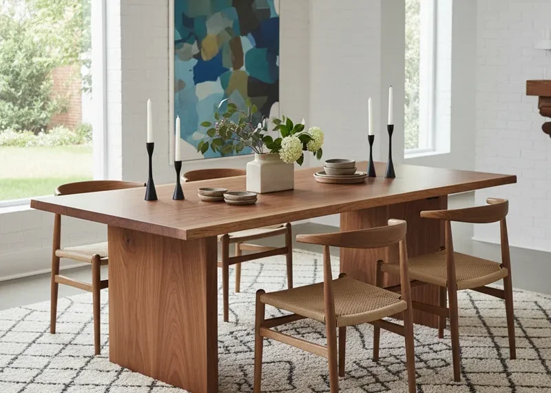 A modern, space-saving 30 inch wide dining table, crafted from light wood and paired with two chairs, ideal for small apartments and compact dining areas.