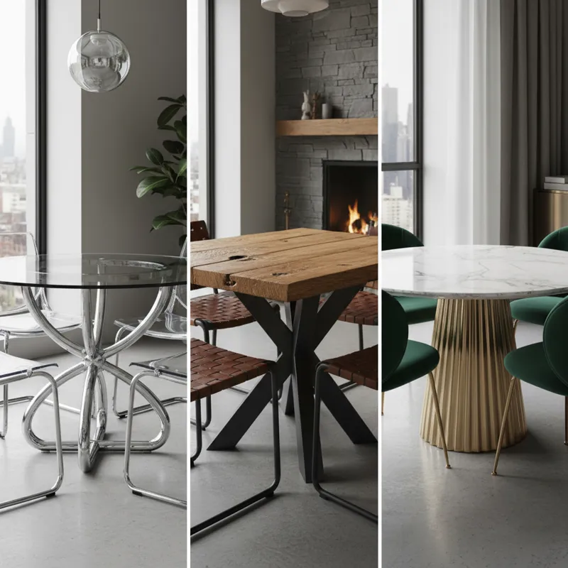 A diverse collage showing different materials and styles of 35-inch round dining tables: one with a sleek glass top and chrome base, another with a ru