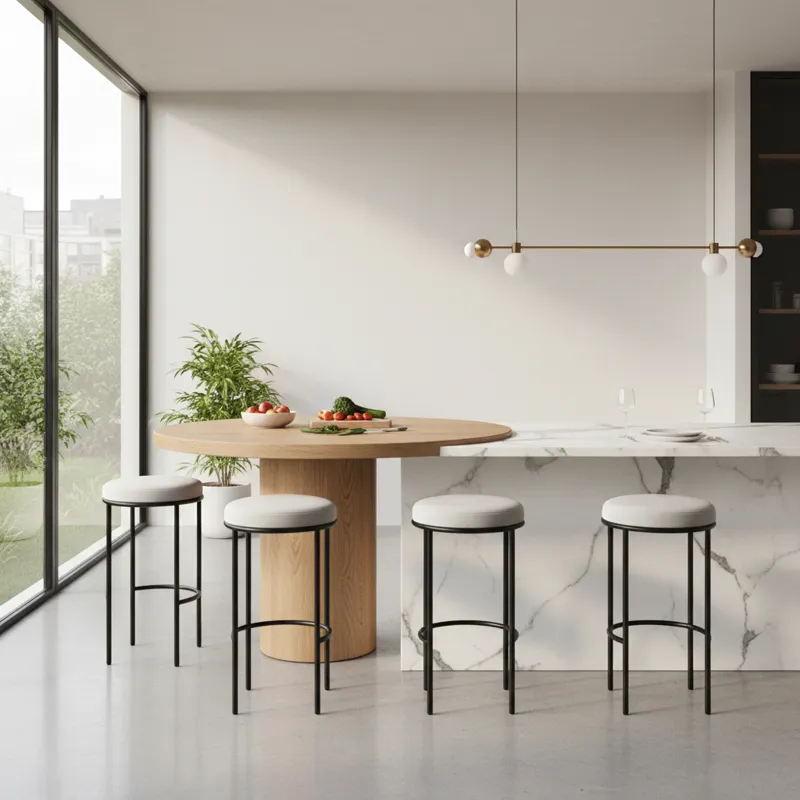 A stylish kitchen island with an integrated 36-inch high table, featuring three modern counter-height stools. The scene is bright and airy, showcasing