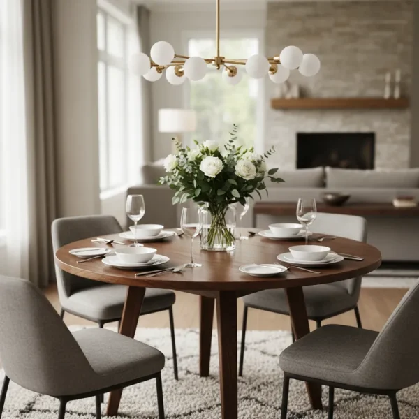 A compact 38-inch round dining table with a light wood top and black metal pedestal base, suitable for small kitchens or apartments.
