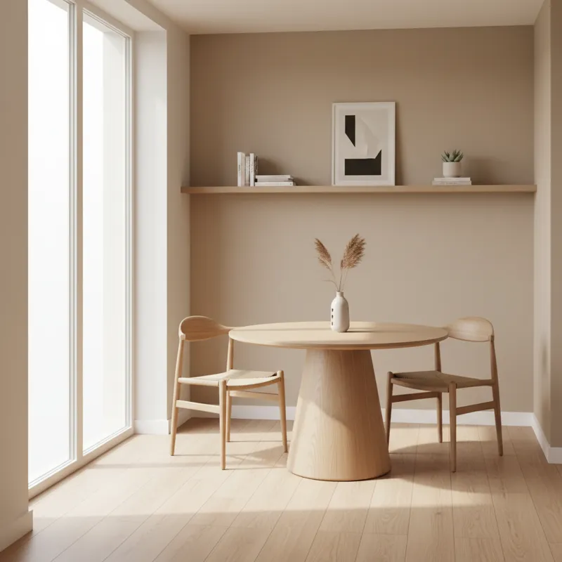 A stylish, modern 40-inch round dining table with two chairs in a brightly lit small apartment dining nook, featuring natural light and minimalist dec