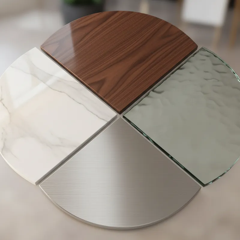 A detailed close-up shot of different material samples for a 40-inch round dining table – a smooth marble slab, a dark walnut wood grain, a brushed me