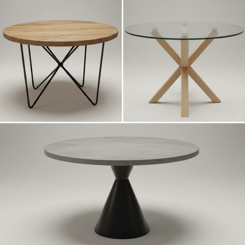 A collage showing various 40-inch round dining tables made from different materials: one with a solid oak top and metal legs, one with a polished conc