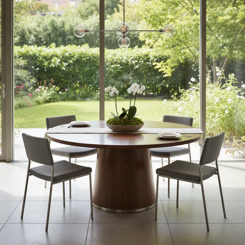 A modern 40 inch round dining table, light wood finish, shown in a contemporary dining room setting, perfect for small spaces.
