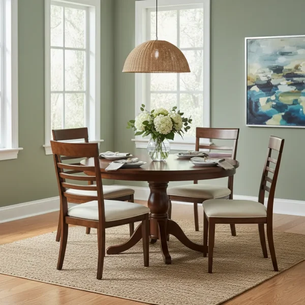 A stylish 42 inch dining table set with four chairs, perfect for small dining rooms, kitchen nooks, or apartment living. The set features a durable tabletop and comfortable seating for four.
