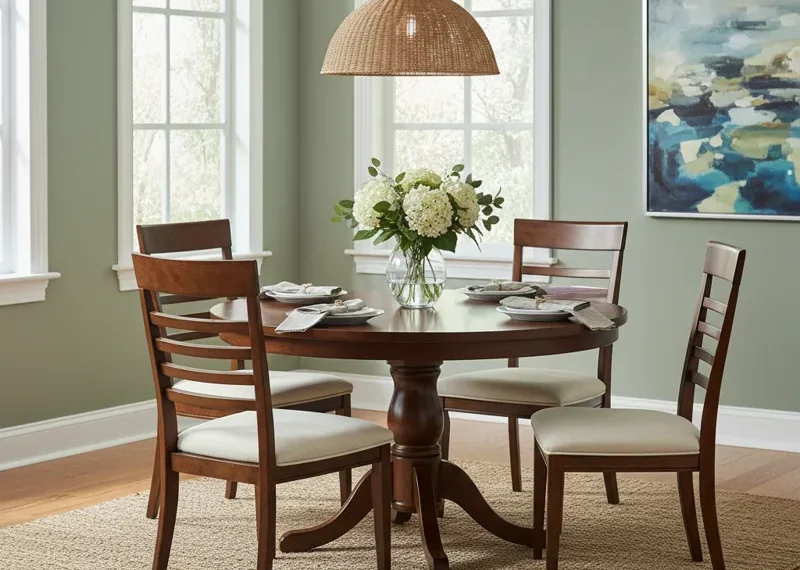 A stylish 42 inch dining table set with four chairs, perfect for small dining rooms, kitchen nooks, or apartment living. The set features a durable tabletop and comfortable seating for four.