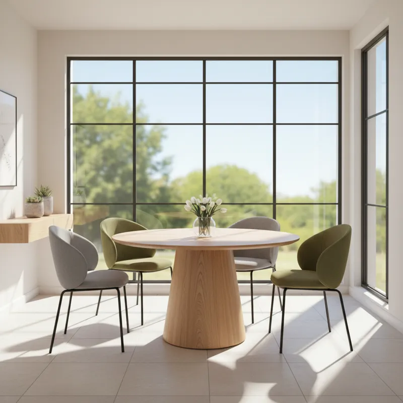 A stylish 45-inch round dining table made of light wood with a pedestal base, surrounded by four modern upholstered chairs in a bright, compact dining