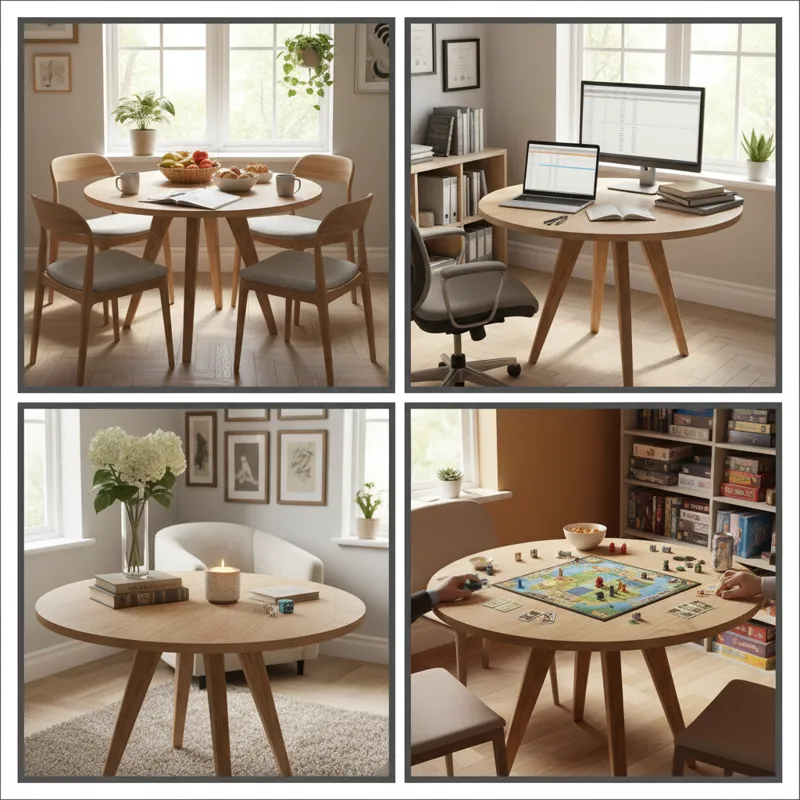 A diverse collage showing four different uses of a 45-inch round table: a breakfast nook with modern chairs, a home office setup with a laptop and doc