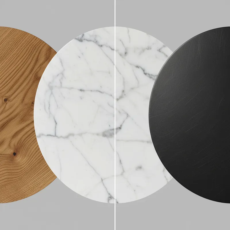 A side-by-side comparison image of different 45-inch round table materials: one showing a close-up of solid oak grain, another of polished white marbl
