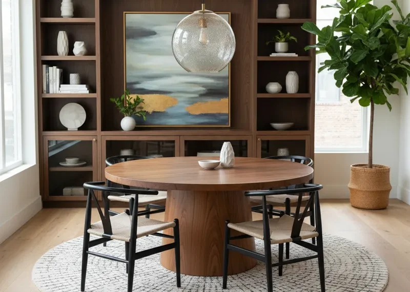A modern 48 inch round dining room table, ideal for seating 4 people in a small dining space or kitchen.