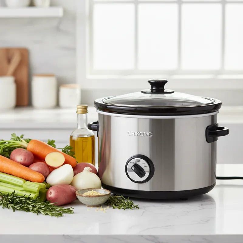 A sleek, modern 4-quart slow cooker sitting on a clean kitchen counter next to fresh ingredients like vegetables and herbs, illustrating its compact s
