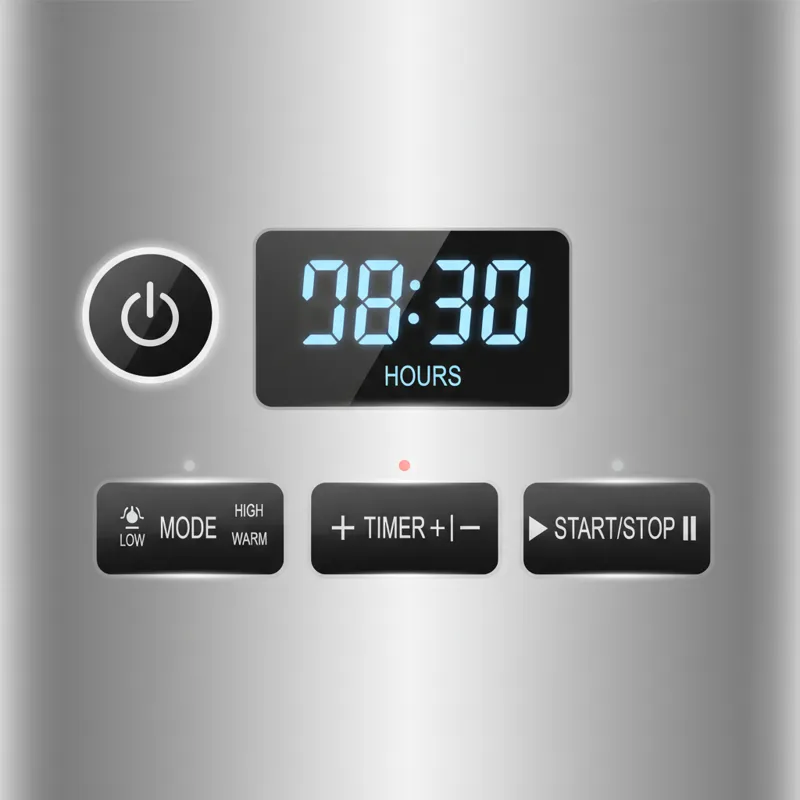 Close-up of a slow cooker's control panel, showing clear digital display and buttons, emphasizing user-friendly interface.