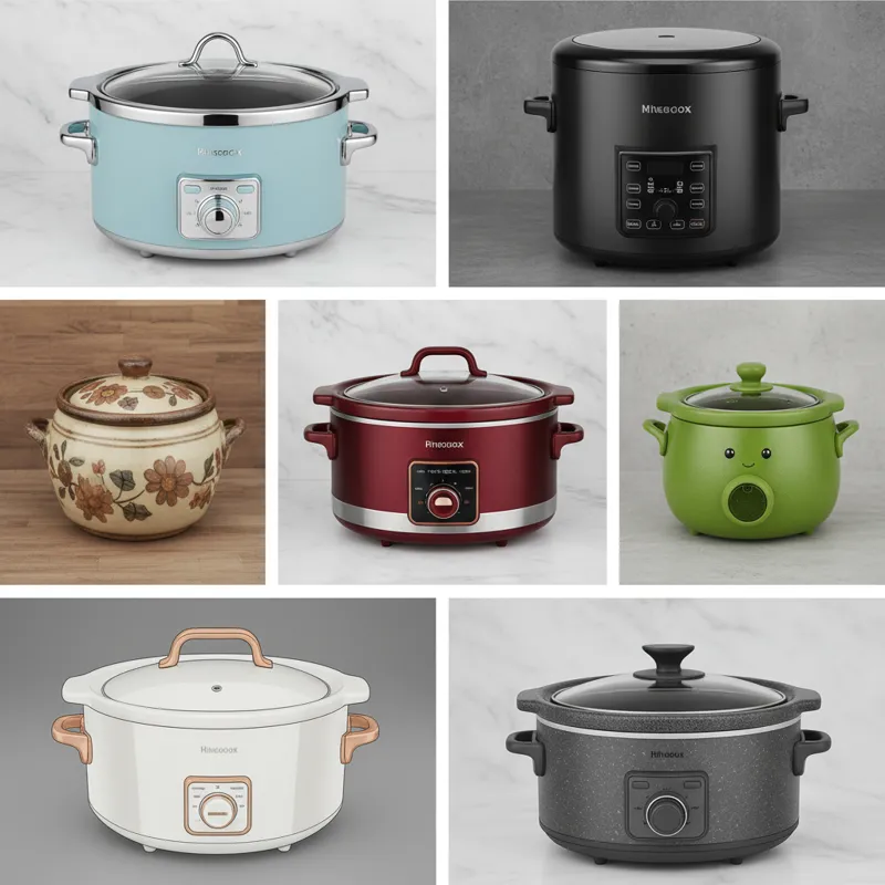 A collage of seven distinct 4-quart slow cooker models, each visually unique in design and color, showcasing variety in modern kitchen appliances.