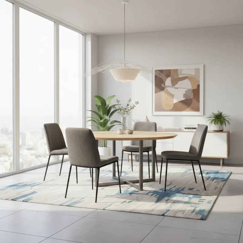 A stylish 5 pc round dining set placed in a modern dining room with ample natural light, showing the chairs neatly tucked under the table.