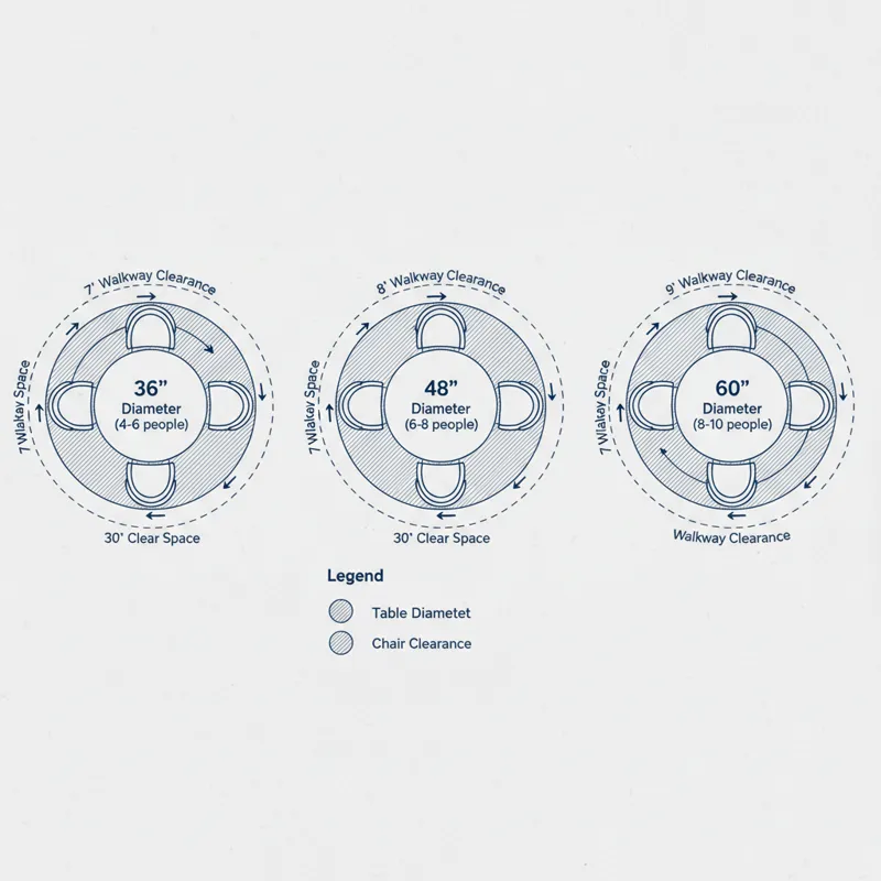 A detailed infographic showing different round dining table diameters and the corresponding clear space needed around them for chairs and walkability,