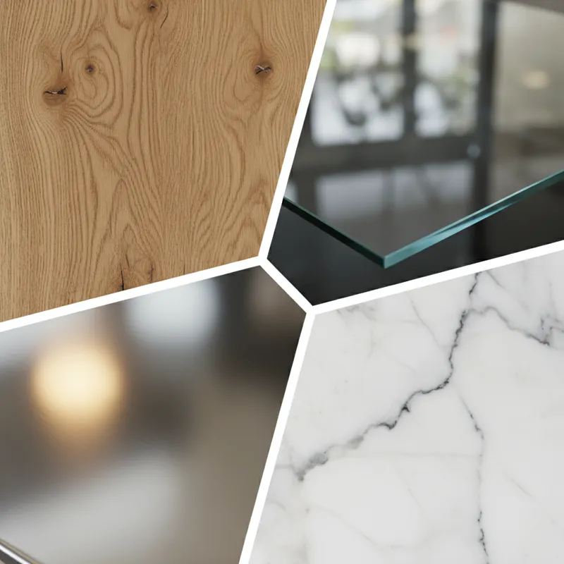 A collage of close-up textures showing different dining table materials: natural wood grain, polished metal, clear glass, and veined marble.