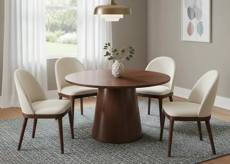 A modern 5-piece round dining set featuring a circular dining table and four matching dining chairs, ideal for compact dining rooms or kitchen nooks.
